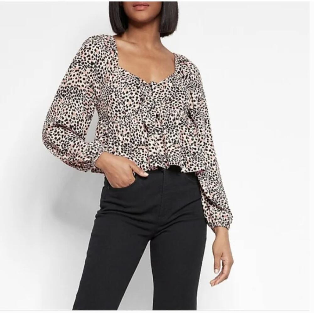 Express Pink Leopard Print Tie Front Peplum Top | Size Medium